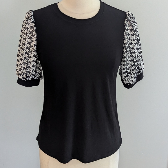 CeCe Black Top with White Patterned Puff Sleeves - Picture 2 of 6